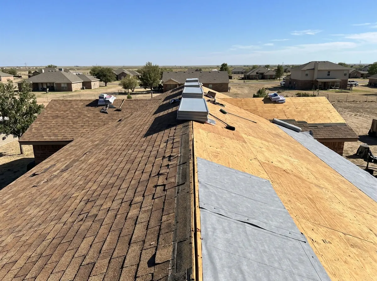 Roof half stripped of old asphalt shingles down to the plywood deck before a metal roof