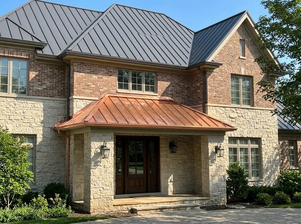 Copper standing seam roof over the front porch of a stone house