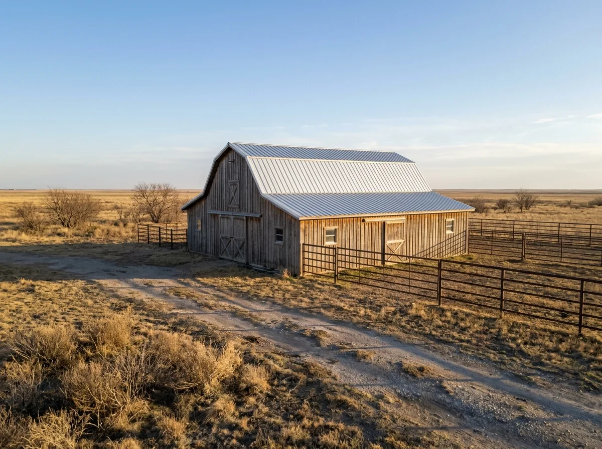 Barn with a bright silver corrugated Galvalume metal roof on flat ranch land