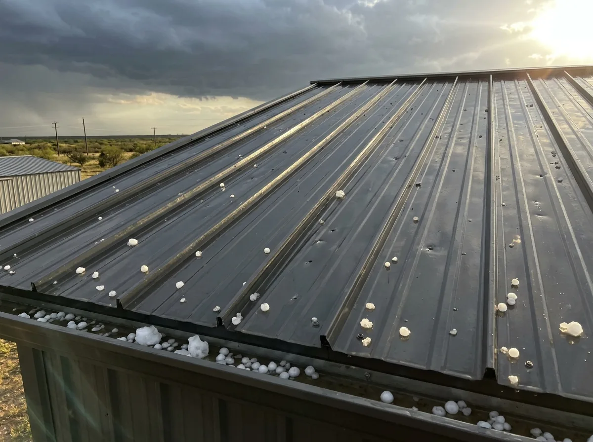 Dark grey steel roof with scattered hailstones on it after a storm, clouds clearing