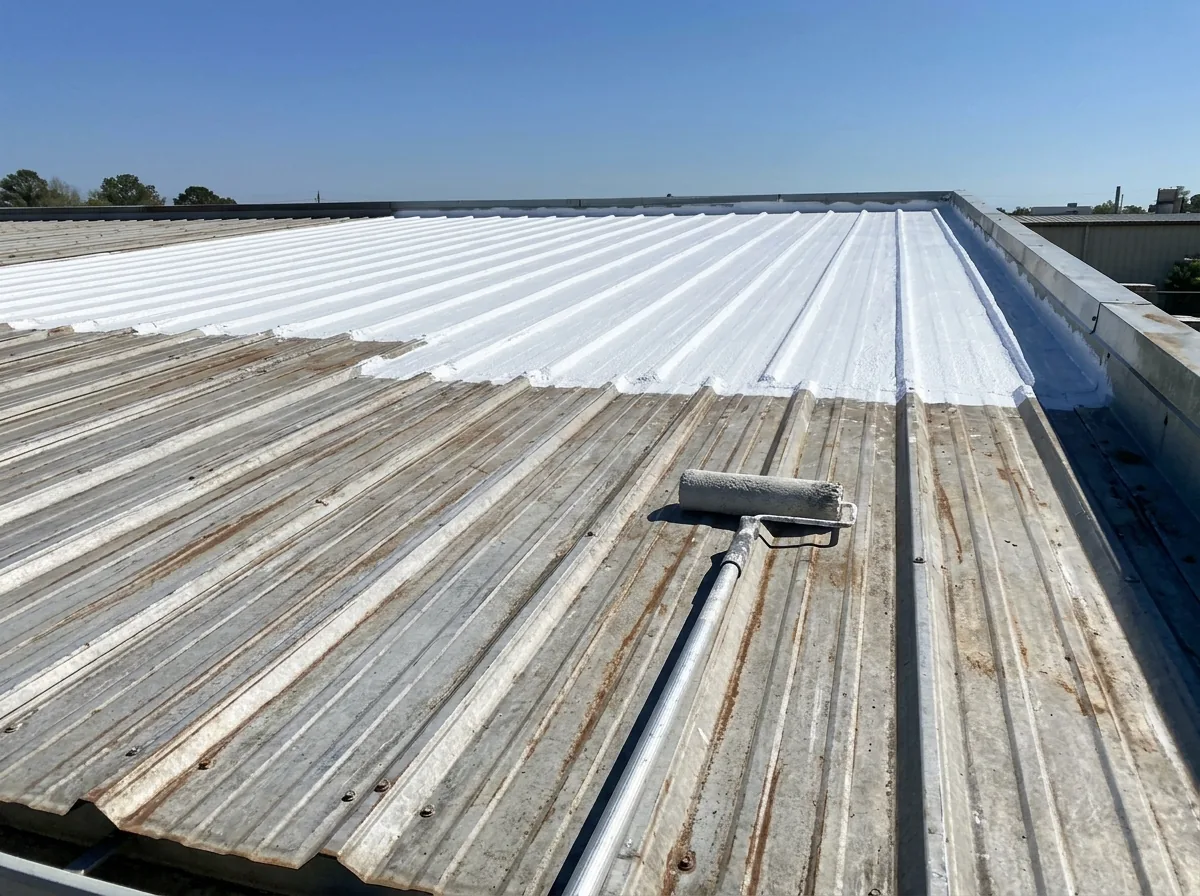 Old rusted metal roof half recoated with a bright white elastomeric coating