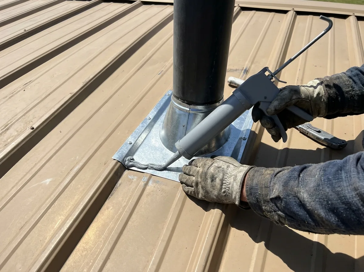 Gloved hands sealing the flashing around a vent pipe on a metal roof