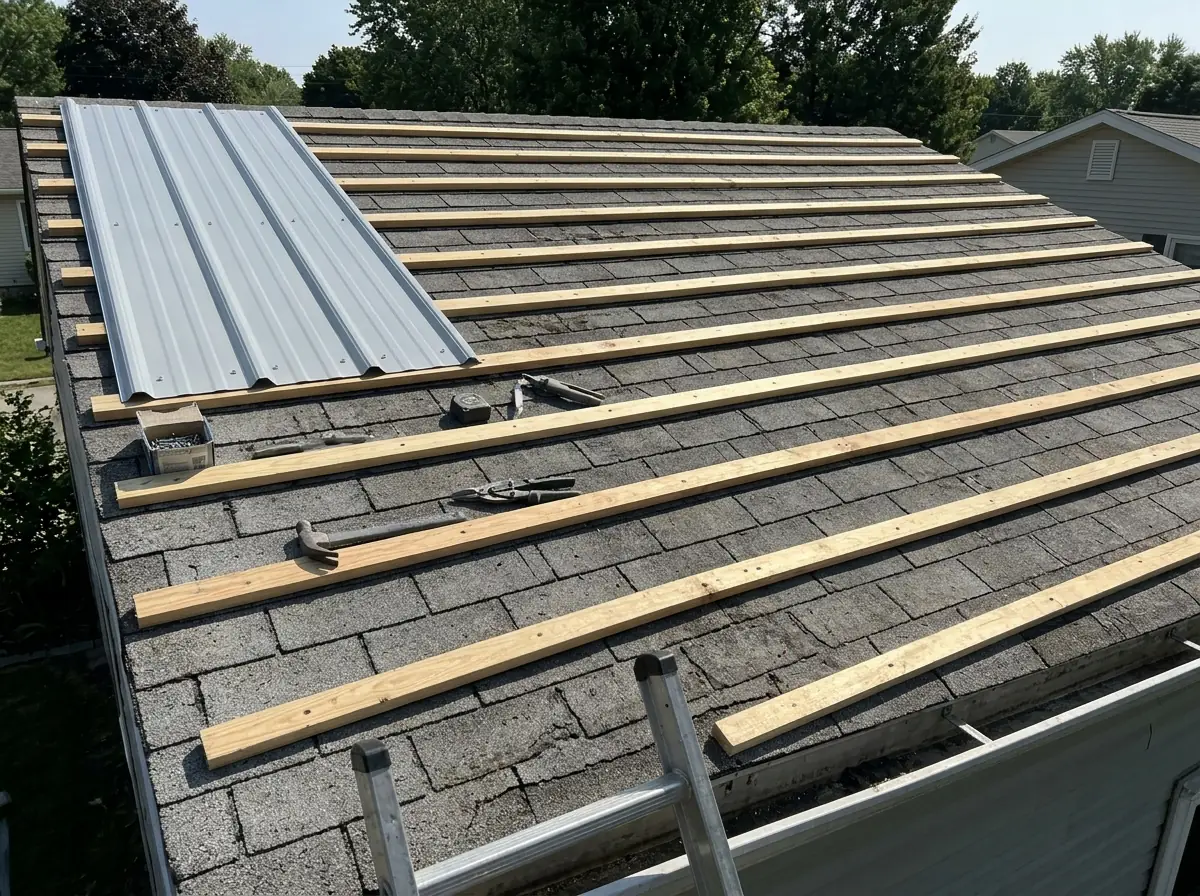 Wood furring strips fastened over old asphalt shingles, ready for metal panels