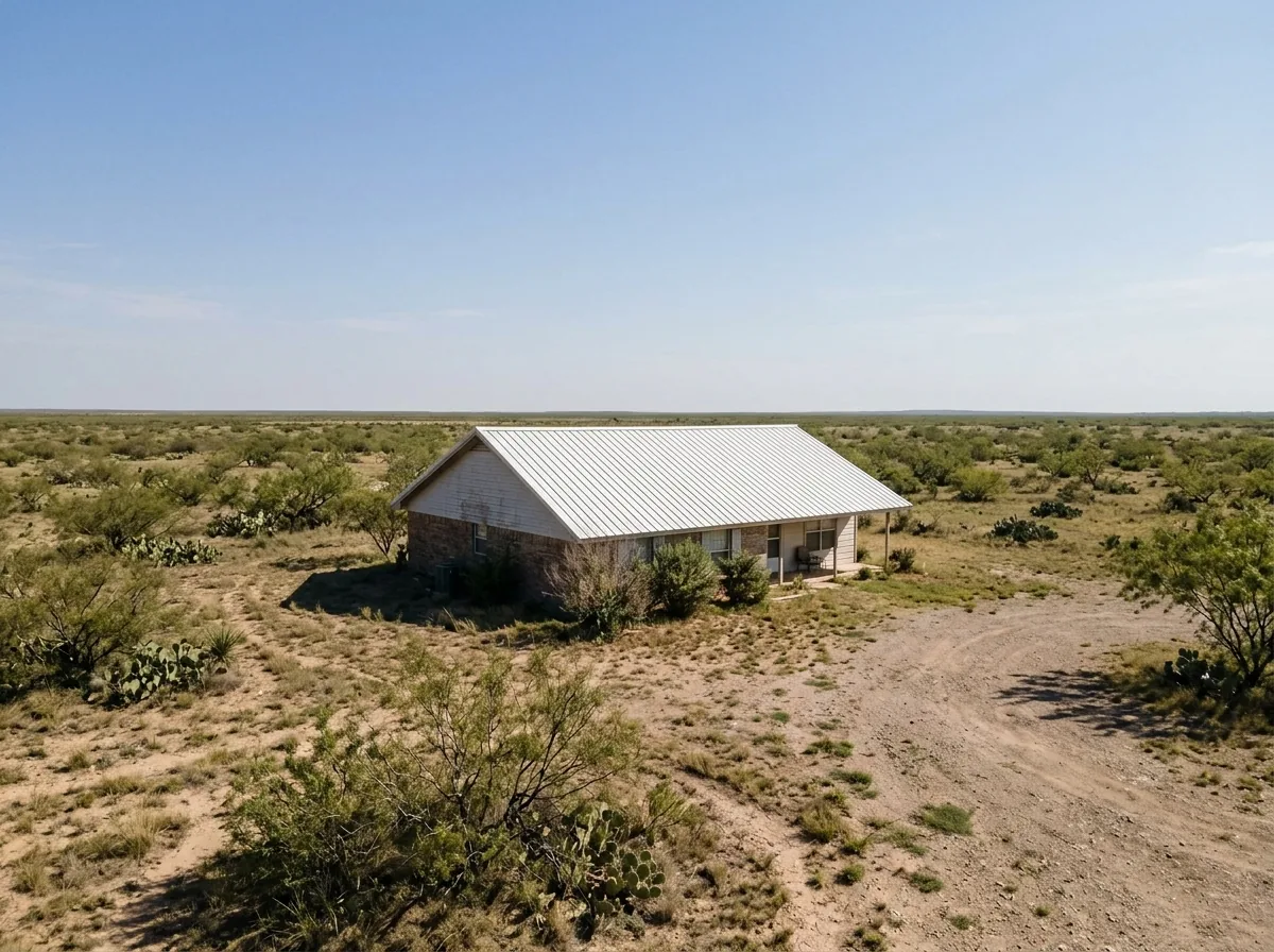 White R-panel metal roof with rows of exposed screw fasteners on a ranch-style house