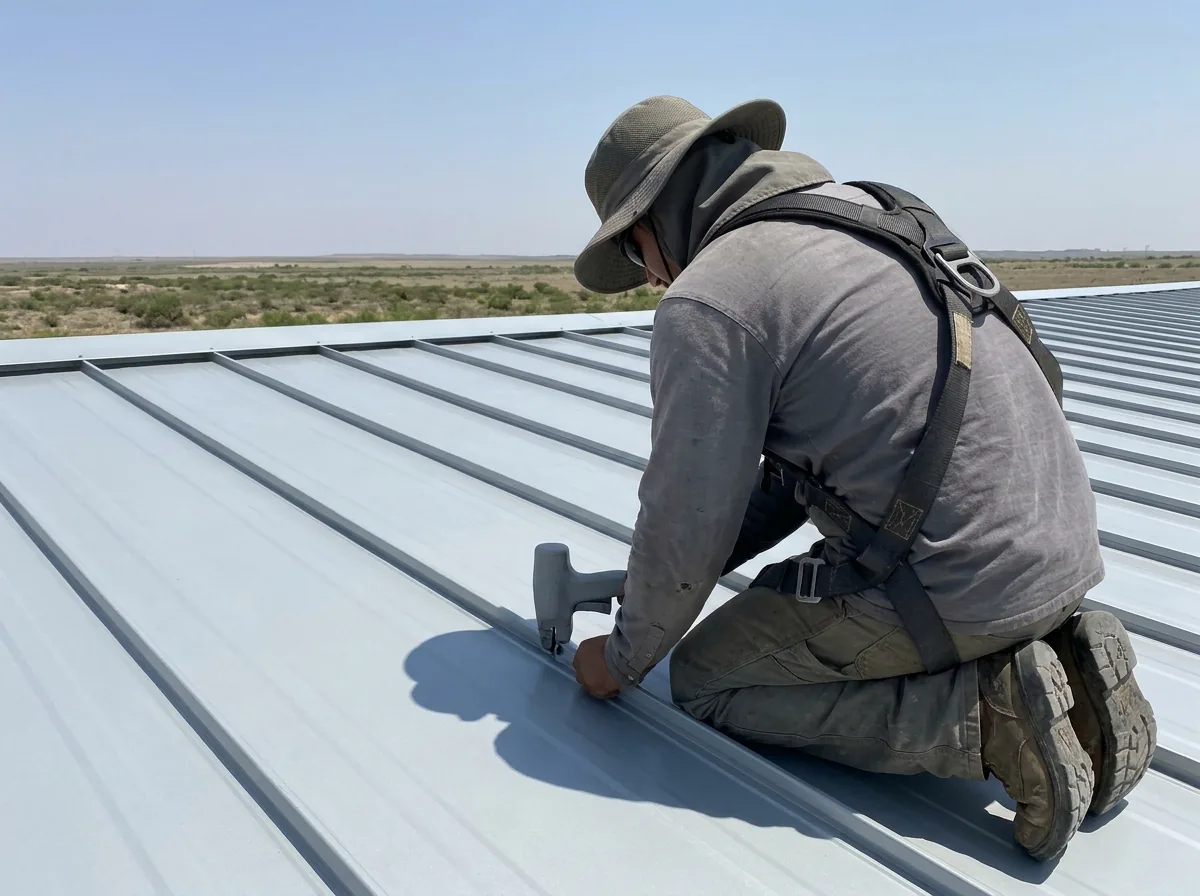 Roofer in a harness and wide-brim hat kneeling on a light grey standing seam roof, checking a seam