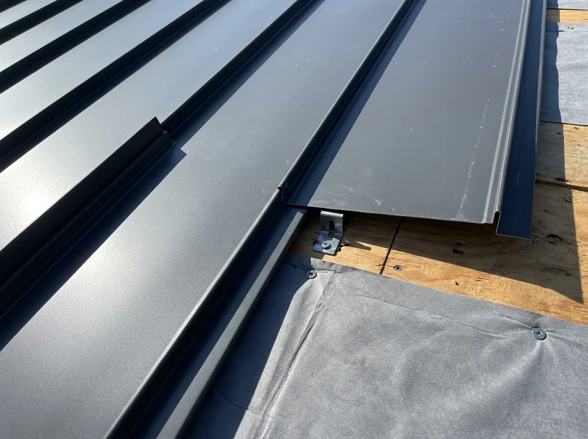 Close view of charcoal standing seam metal panels with raised seams over synthetic underlayment
