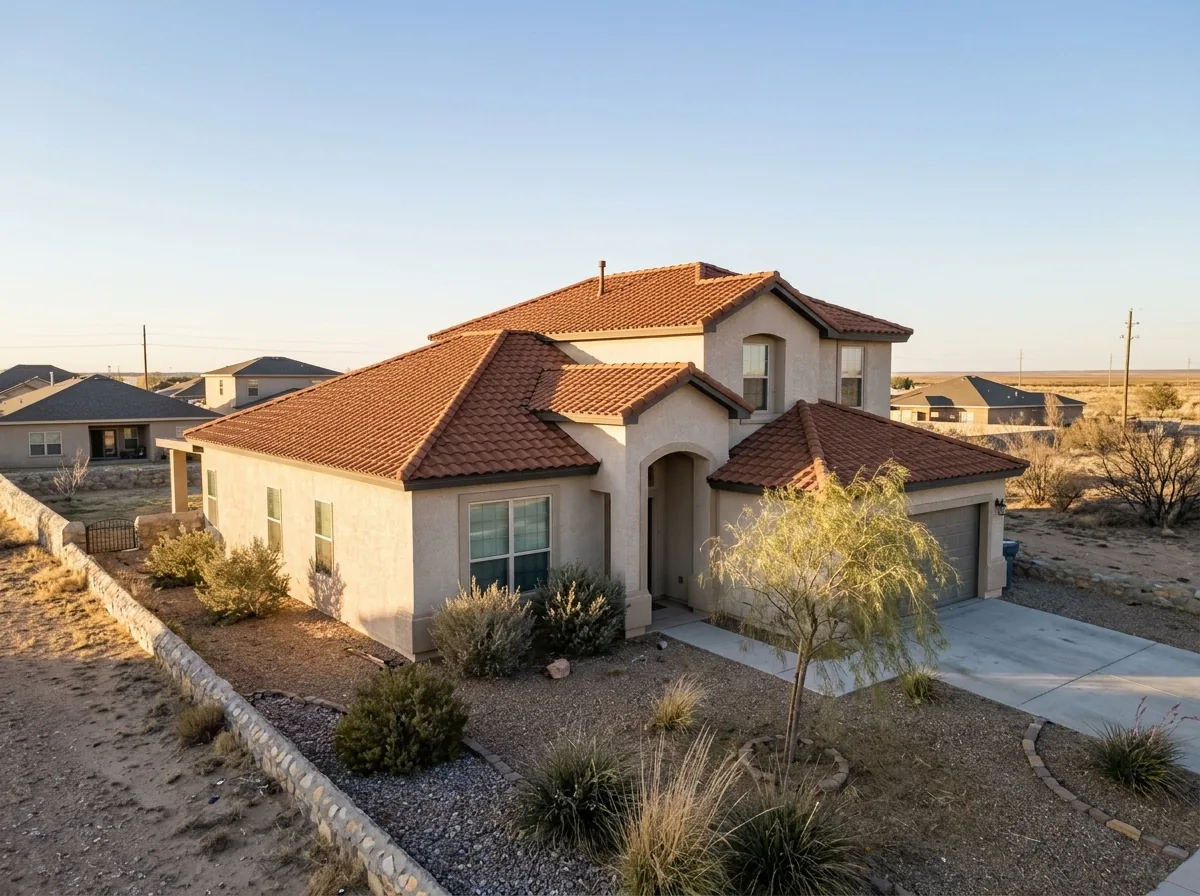 Terracotta-colored stone-coated steel tile roof on a two-story beige stucco house